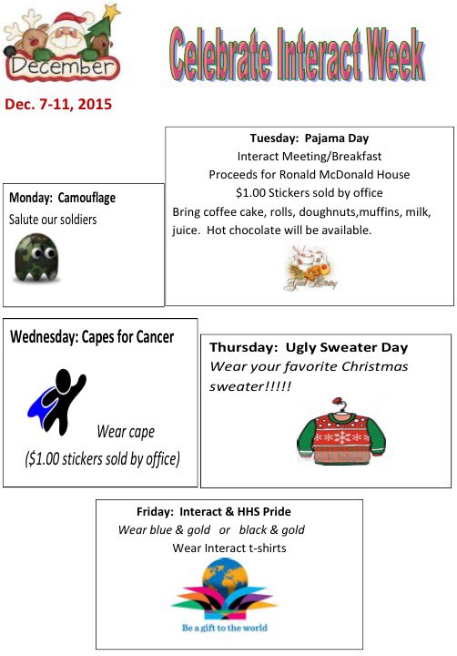 HHS_Interact1's tweet image. Be sure to dress up for #interactweek 
Tomorrow (Monday, December 7th) : wear your favorite camouflage 🐯