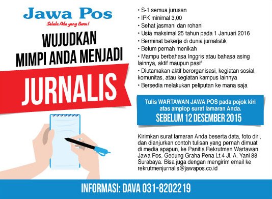 jawaposco's tweet photo. Lowongan kerja di Jawa Pos: Jurnalis. Kirim lamaran anda paling lambat sebelum 12 Desember 2015 https://t.co/RhcykDQnhP