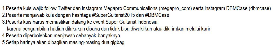 megapro_com's tweet photo. Jam 6 sore nanti kita akan bagi-bagi gigbag gratis dari #DBMCase dengan logo #SuperGuitarist2015. Stay tuned guys!! https://t.co/JAP7jv4krE