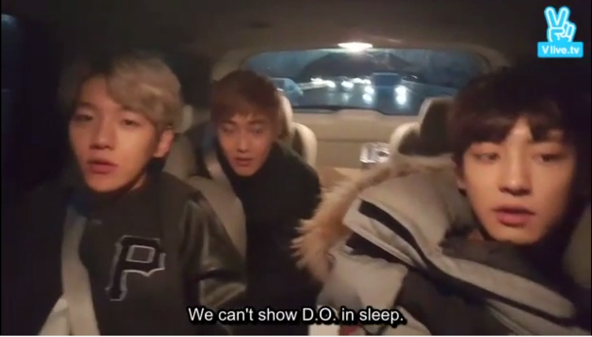 _joonmyeon's tweet photo. [V APP] VROOM VROOM 

Baek: We can't show D.O. in sleep
Suho: D.O. will be mad if he finds out https://t.co/hOWoVft0Wm