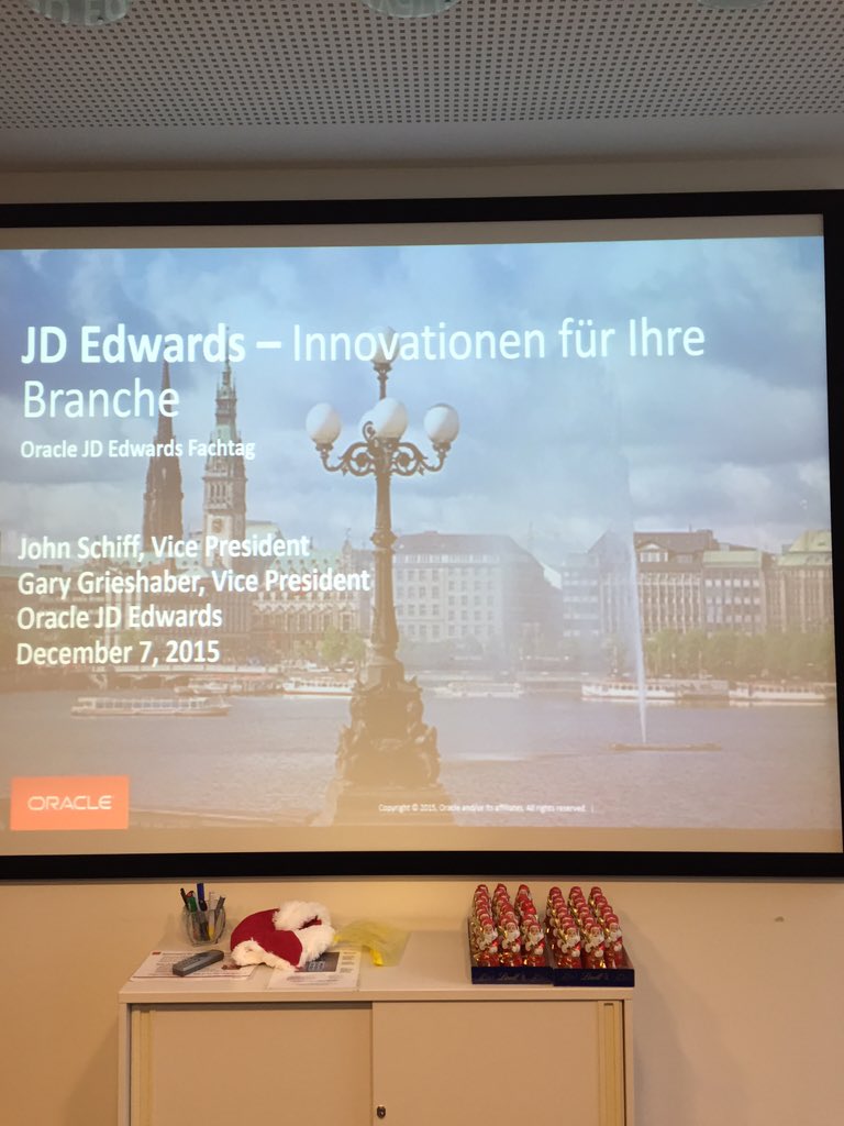 garygrieshaber's tweet photo. The stage is set at Oracle Hamburg for the @OracleJDEdwards customer event with @johnaschiff @StevenDawsonSD https://t.co/04jPctf9J6