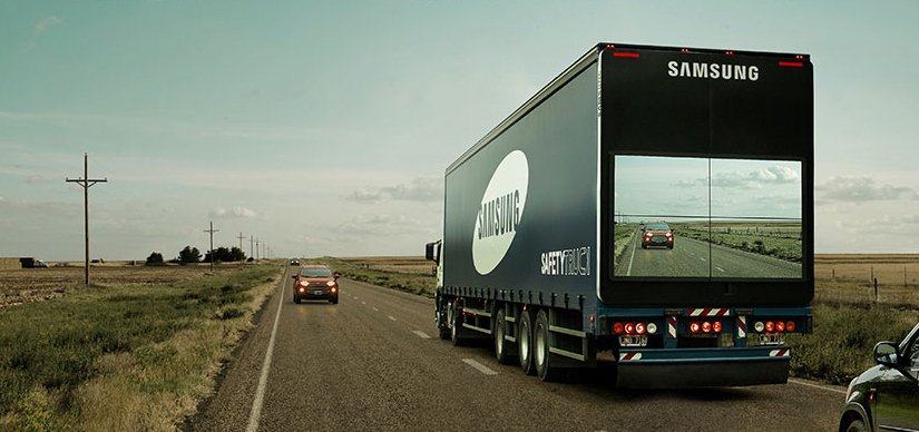 Forbes's tweet image. Samsung's "Safety Truck" allows drivers to see the road ahead before passing onforb.es/1XFb8NS