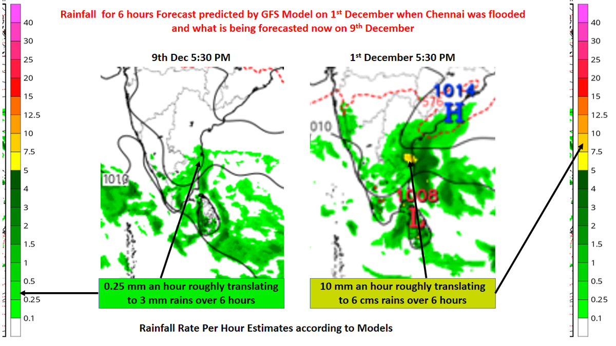 ChennaiRains's tweet photo. A comparison of rainfall forecast for 1st &amp; 9th Dec Dont panic on heavy rains Stay Safe but Stay Alert #Chennairains https://t.co/NHNODkhF80