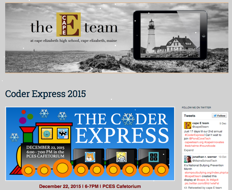 MaineSchoolTech's tweet photo. Woot! #HourofCode time! Ends 12/22 w/ #CoderExpress @PondCoveTech + @capeEteam collaboration https://t.co/pvMcnoyP72 https://t.co/d3gVnyr3Vs