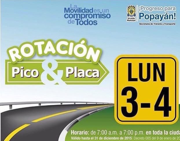 #PicoyPlaca lunes 3 y 4. De 7am a 7pm. En toda la ciudad. <a href="/PopayanCO/">popayanco</a> <a href="/WazeCo/">ComunidadWazeCo</a> <a href="/FranciscoFuentM/">FRANCISCO FUENTES</a> @Popayan_SegURA