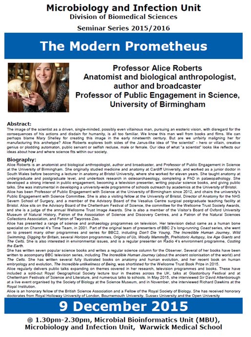 WarwickMicrobio's tweet photo. Seminar ‘The Modern Prometheus' by @DrAliceRoberts Wed 9 Dec @ 1.30pm @warwickmed – don’t miss it! https://t.co/JybqGhq9OA