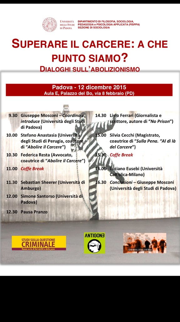 Superare il carcere: dialoghi sull'abolizionismo, UniPd 12 dicembre <a href="/AntigoneOnlus/">AssociazioneAntigone</a> <a href="/RistrettiOriz/">Ristretti Orizzonti</a> <a href="/emilioquintieri/">Emilio Enzo Quintieri</a>