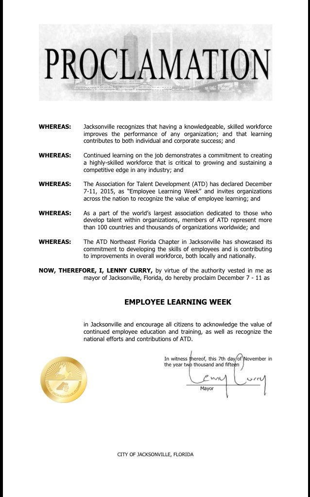 Hey Jacksonville! Happy Employee Learning Week! Check out this proclamation from Mayor Lenny Curry