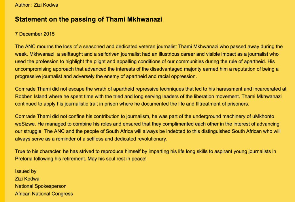MYANC's tweet photo. #ANC statement on the passing of #ThamiMkhwanazi https://t.co/swXAT1HlgU https://t.co/MR8uvMcaAl