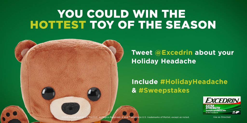 Excedrin's tweet photo. Toy-shopping headache? Enter to win the Fisher-Price® Smart Toy® Bear! Official rules: https://t.co/BUPIxJdHY8 https://t.co/G7LI79BlEn