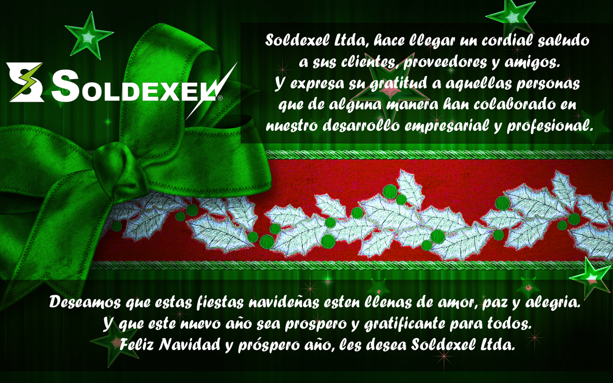 SoldexelLtda's tweet photo. Soldexel, desea para todos un mes de celebración, prosperidad y logro de metas. Feliz Navidad y Prospero año nuevo. https://t.co/3sNQIeycWC