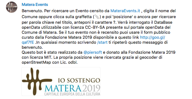 Piersoft's tweet image. Nasce telegram.me/MateraEventsBot piccolo dono a @Matera2019 . Grazie agli #opendata alimentati dai cittadini.