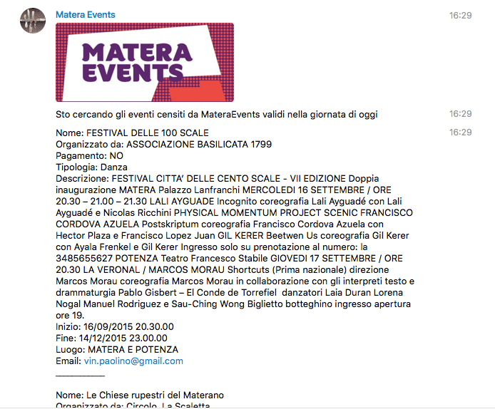Piersoft's tweet image. Nasce telegram.me/MateraEventsBot piccolo dono a @Matera2019 . Grazie agli #opendata alimentati dai cittadini.