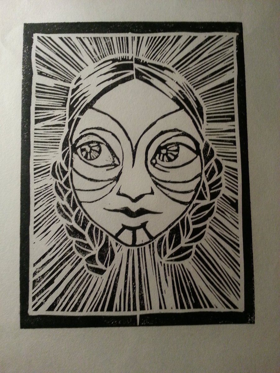 Mayasialuk's tweet photo. My first linoprint. A girl ran into the sky in shame after making love to her brother. She became Seqineq/the sun https://t.co/TBxmR6uMfL