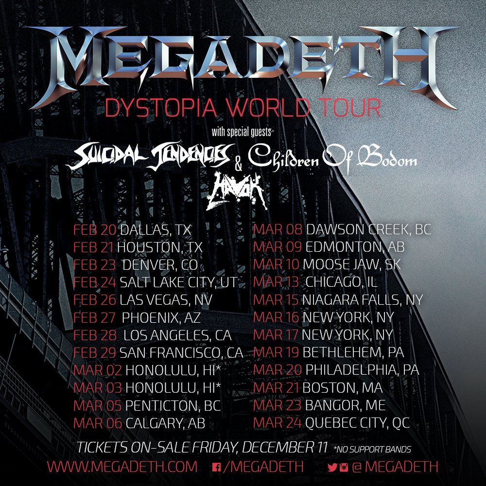 Megadeth's tweet photo. ♫ Just Announced: North American leg of the #DystopiaWorldTour kicks off Feb 20, 2016 https://t.co/jnBzSvrHgF https://t.co/IwcYKTG3p0