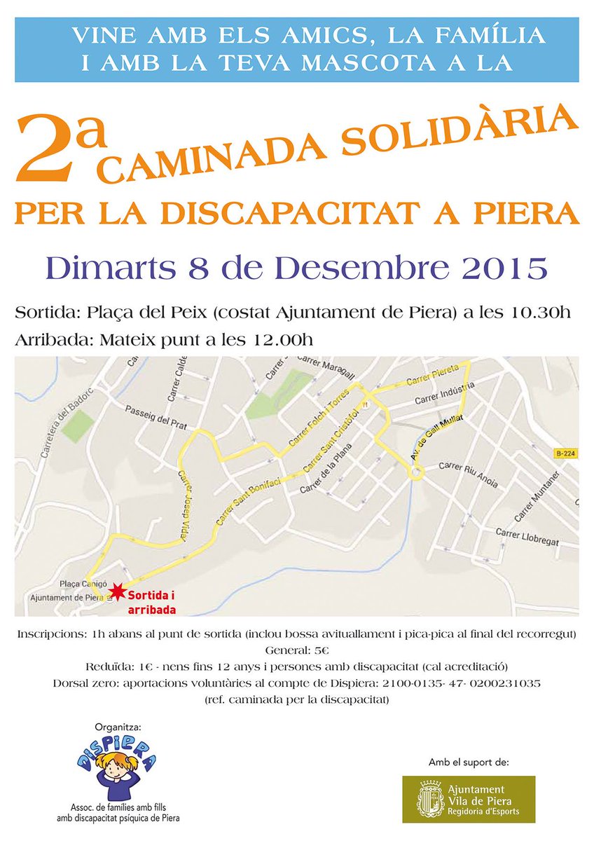 viladepiera's tweet photo. Apunta't a la 2na Caminada Sòlidaria per la Discapacitat a Piera. Demà a les 10:30 a la Plaça del Peix! #dispiera https://t.co/1mjMFtFdGl