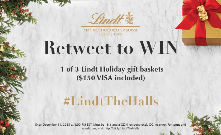 Retweet to WIN 1 of 3 awesome Lindt Holiday baskets w/ a $150 VISA gift card bit.ly/LindtTheHalls #LindtTheHalls