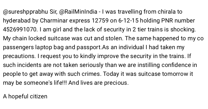 supri06's tweet photo. @sureshpprabhu Sir, @RailMinIndia - I was travelling from chirala to hyderabad by Charminar express 12759 on.. https://t.co/Chjt8Y5vNH