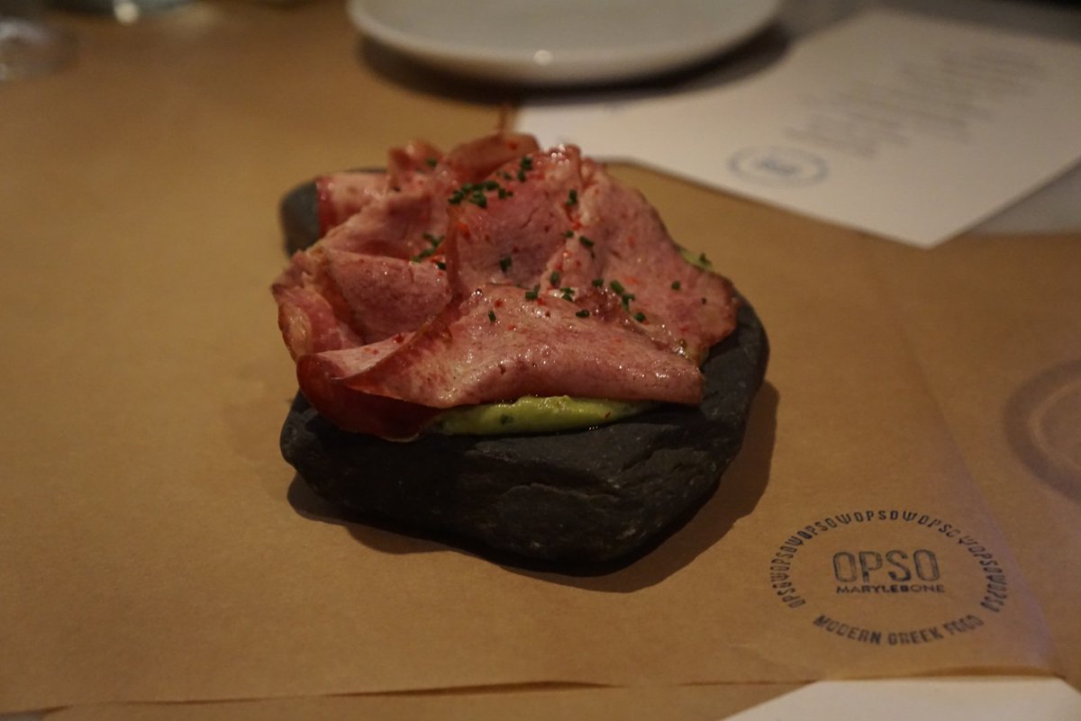 Another special Christmas menu offering, this is smoked & cured Greek ox tongue with avocado cream #GreekChristmas