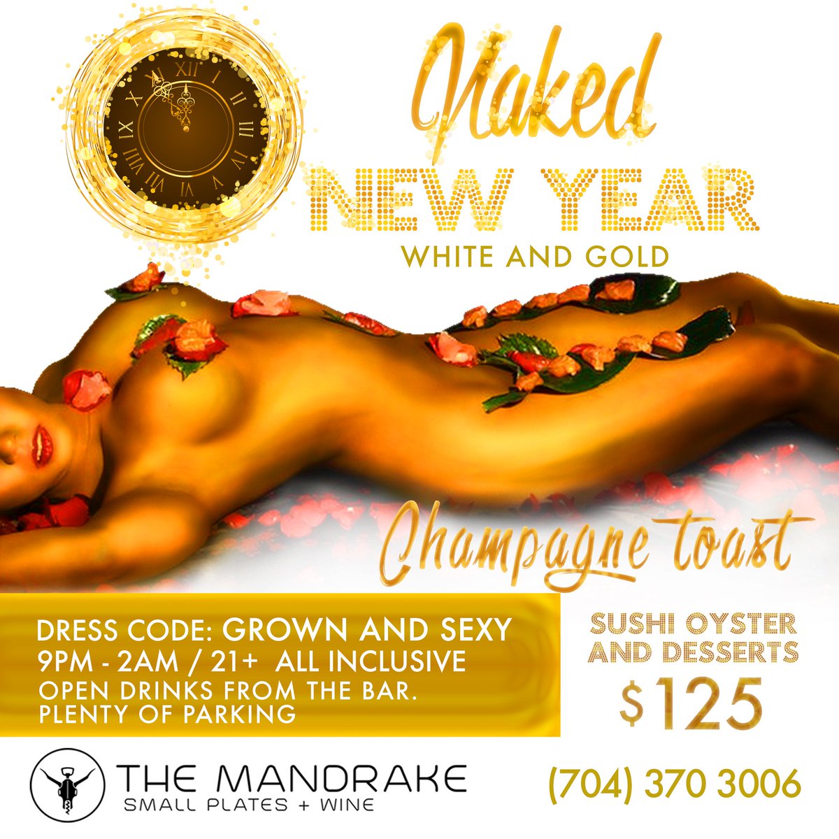 Experience Naked sushi and welcome the year like never before, our GOLD and WHITE party #Themandrakeclt #NYE