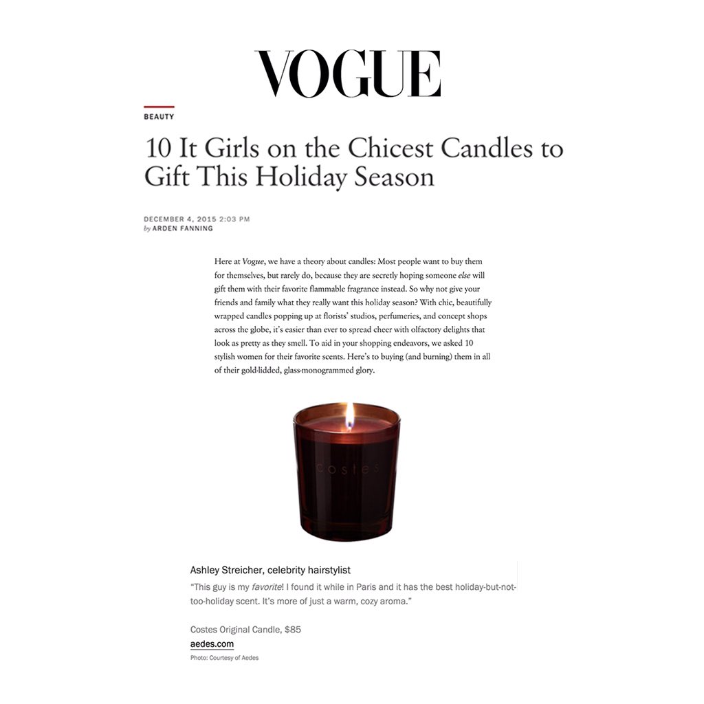 #AshleyStreicher is featured on #Vogue's "10 It Girls on the Chicest #Candles to Gift This #Holiday Season" list!
