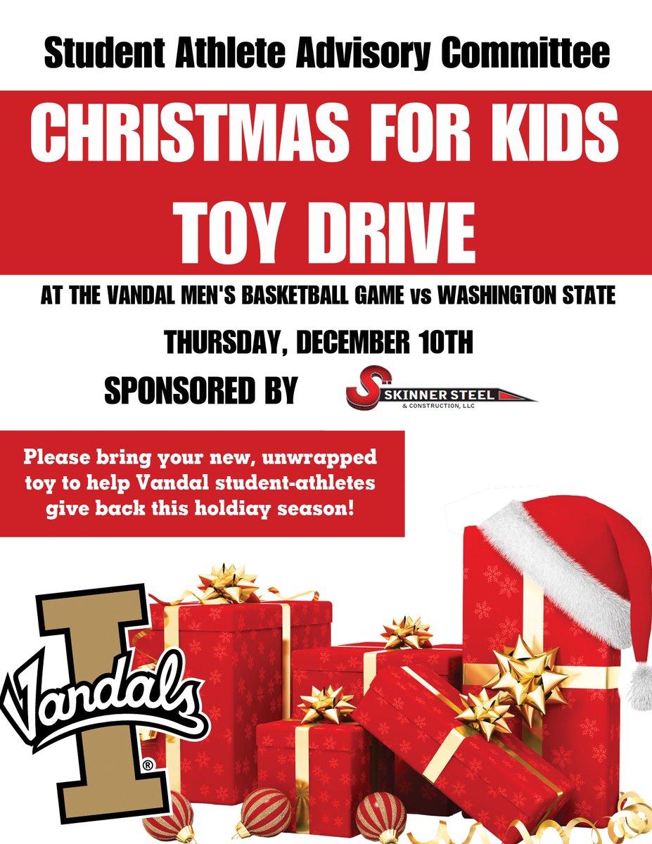 Idaho_Vandals's tweet photo. Be sure to bring a new, unwrapped toy to the game on Thursday to help @IdahoSAAC give back this holiday season! https://t.co/2Tn7yyVcYb