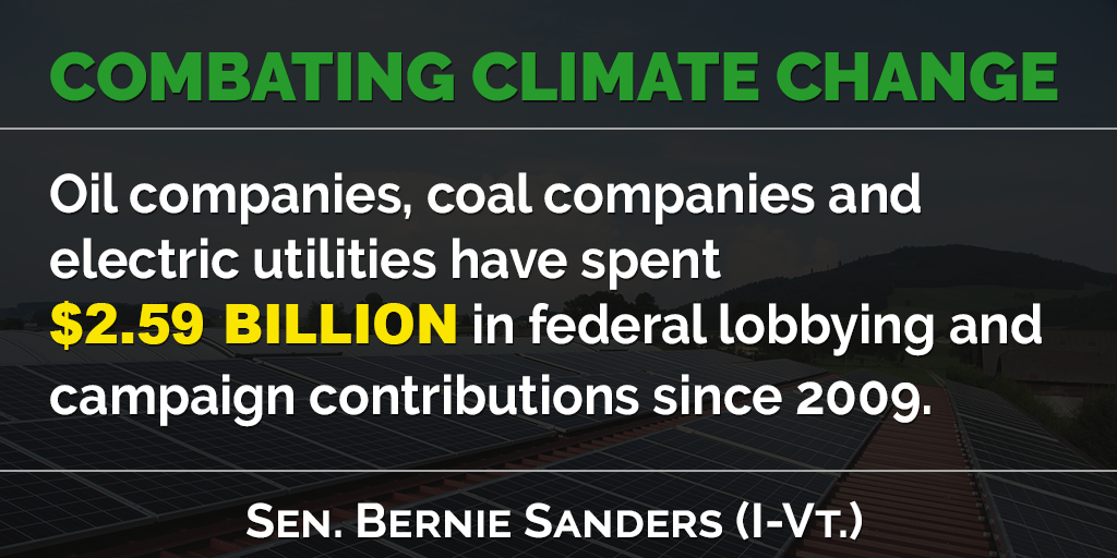 SenSanders's tweet photo. The fossil fuel industry spends billions of dollars buying candidates to block progress on climate change. https://t.co/Qpan0HWyYR