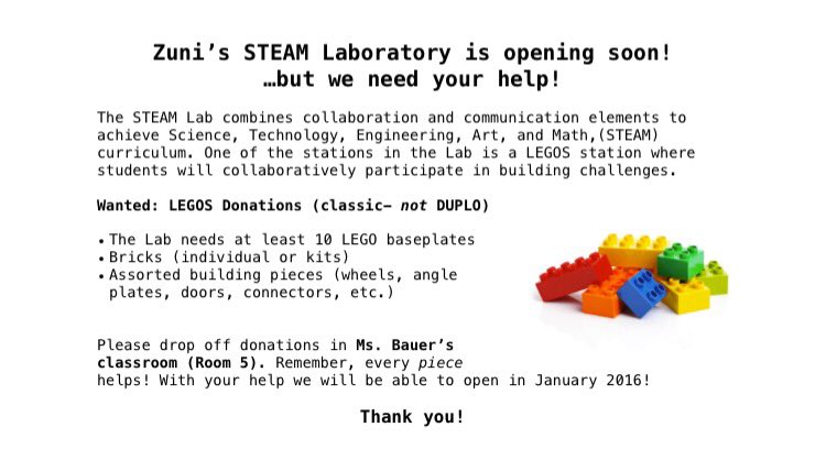 MsBauersClass's tweet photo. Flyers will be coming home tomorrow! Can you help our STEAM room?! #zunieagles https://t.co/JwvOH2Vi7N