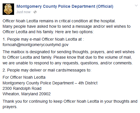 Officer Noah Leotta remains in critical condition at the hospital. TY for continued thoughts and prayers: