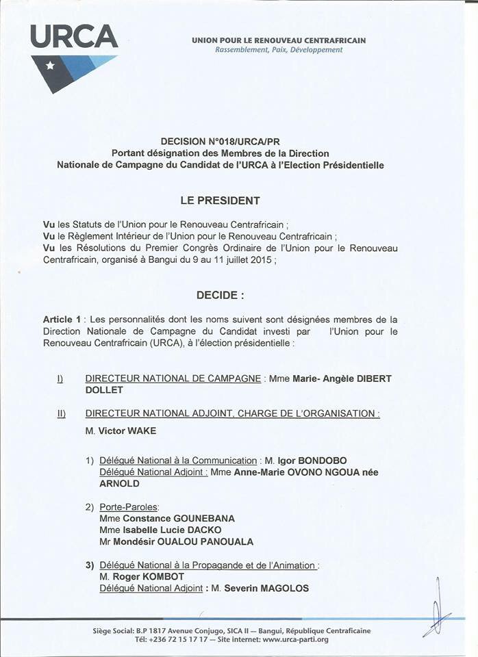 anicetdologuele's tweet photo. Liste des membres de la Direction Nationale de la Campagne présidentielle de l’URCA.
#Centrafrique #Bangui https://t.co/sePfrYTF0d