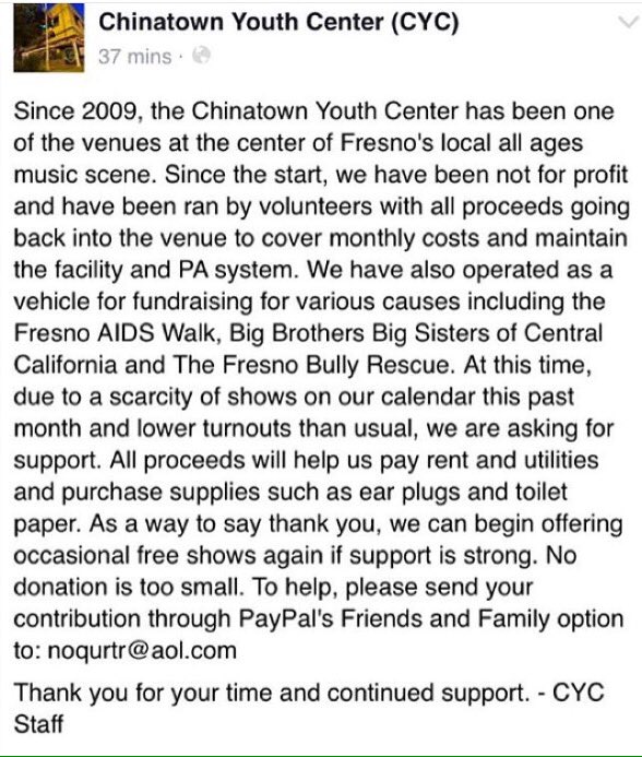 if you're in a band/involved in the CA music scene then chances are you've played or heard of CYC. Anything helps!