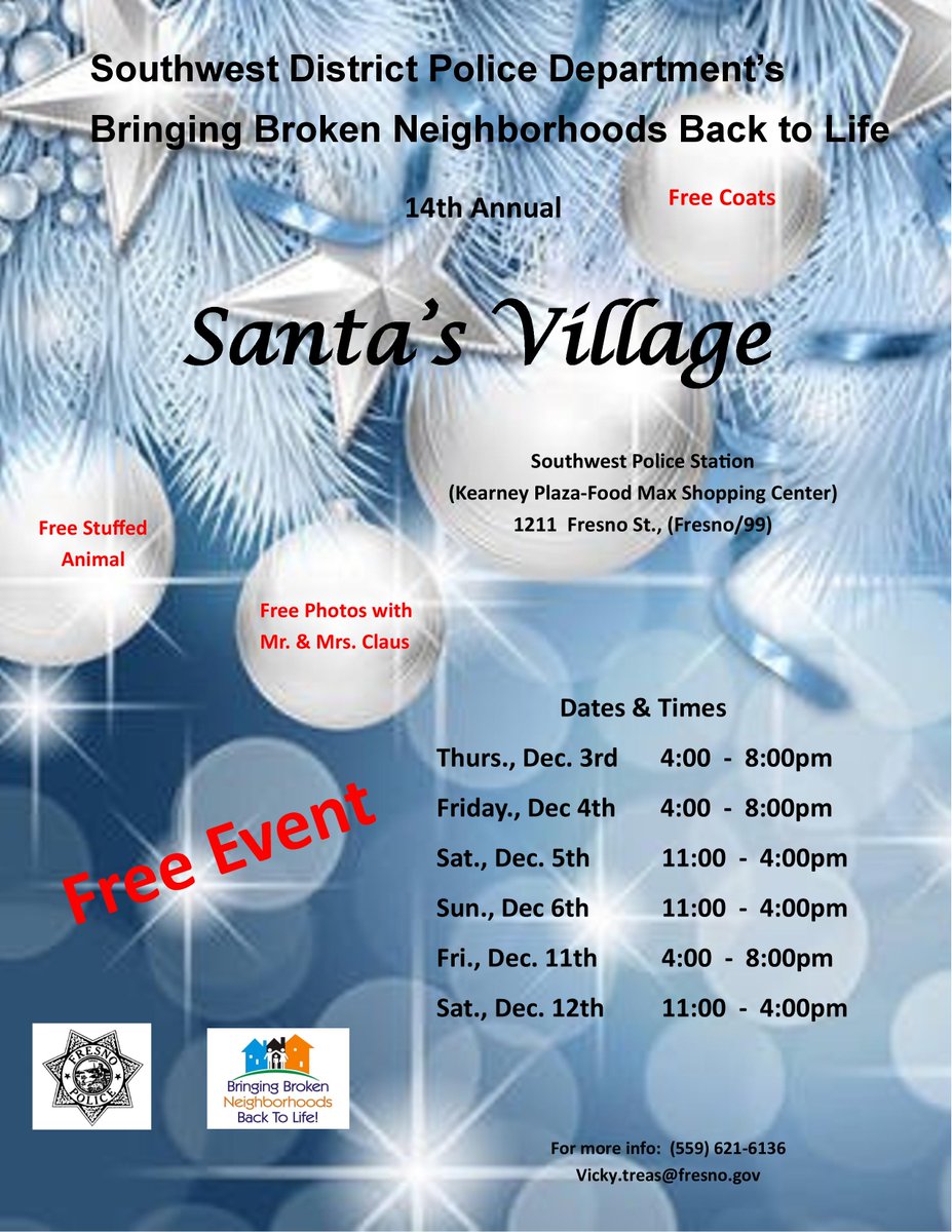 joinFresnoPD's tweet photo. 14th Annual Santa's Village @ SW police stationg. Free wrapped toys, coats, corn dogs, and free photos with Santa https://t.co/CgjOut5MYe