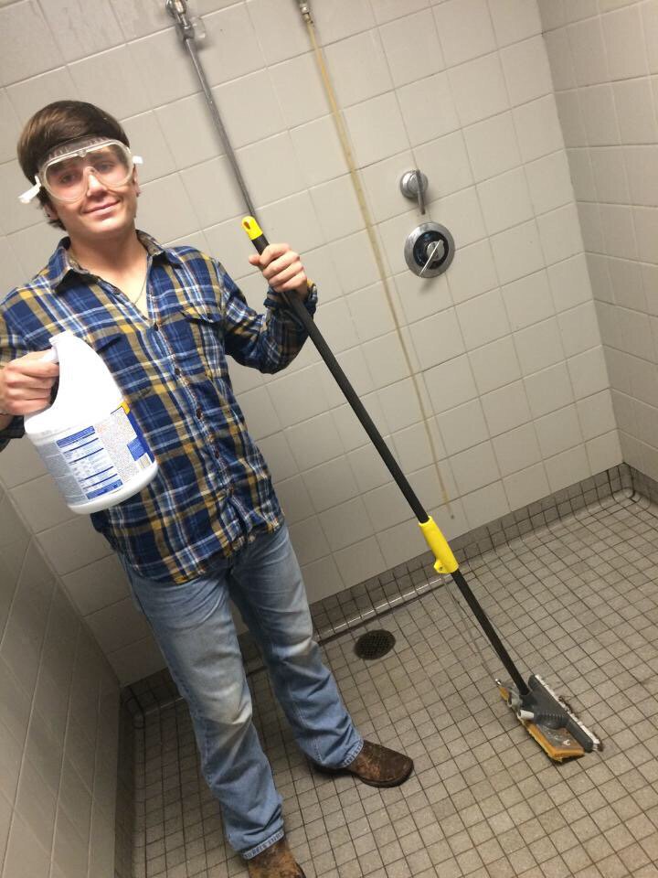 MoseleyAdam's tweet photo. Senior leadership...cleaning one bathroom at a time #nicegoggles https://t.co/mYjz25HciH