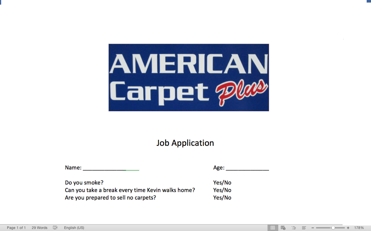 SurvivorKevin's tweet photo. Picked up a job application at that sketchy carpet place on College Ave and some suspicions were confirmed. https://t.co/FEfmGTEN64