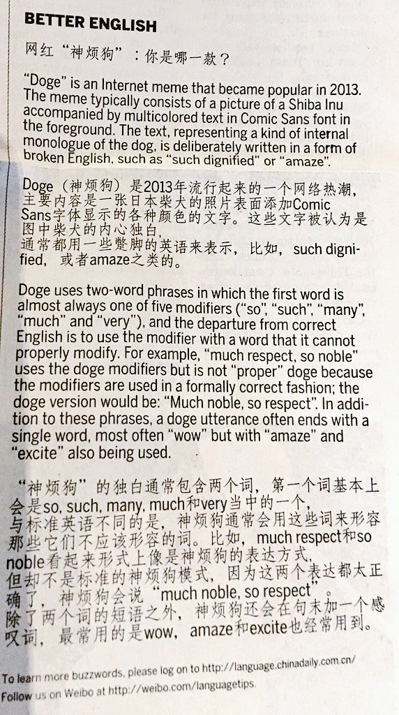 Much fun, so amaze. via <a href="/bfcarlson/">Benjamin Carlson</a>, today's China Daily teaches the finer points of 'doge' speak.