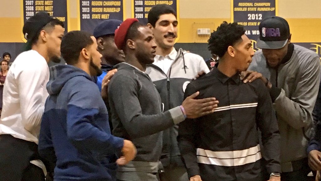 okcthunder's tweet photo. Supporting Cam at his HS jersey retirement ceremony, his Thunder teammates and coaches. #ThunderBasketball https://t.co/nMdXWOrj73
