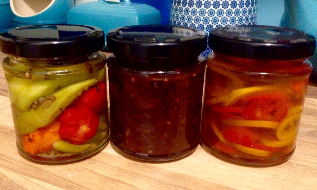 Tasty test products, Aji Lemon Drop #chillijam, mixed whole #pickled #chillies and pickled rocoto chillies.