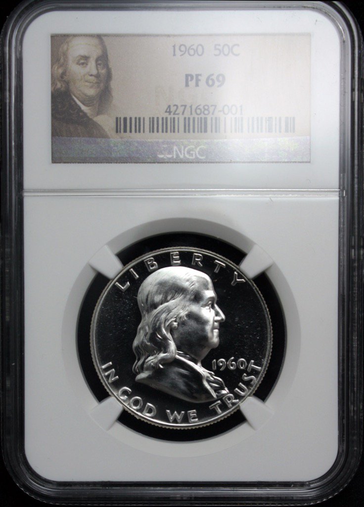 RareCoinCollect's tweet image. 1960 #Franklin #HalfDollar #NGC #Proof 69. #coins #rarecoins