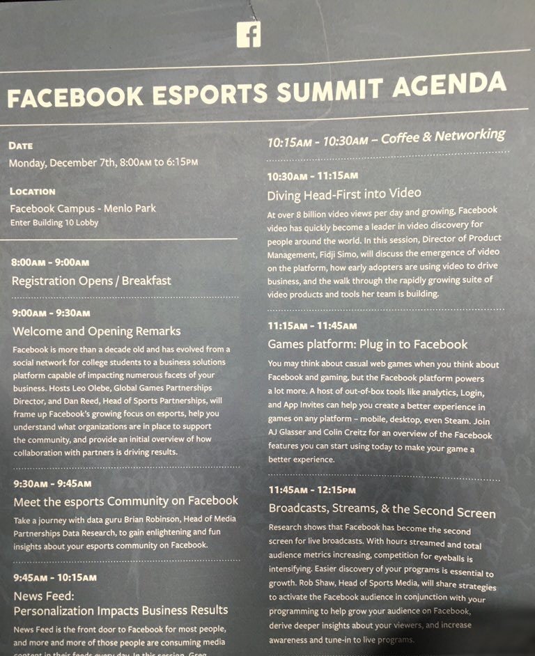 Slasher's tweet photo. Facebook is hosting an esports summit today at their HQ featuring esports developers, team owners, and league execs. https://t.co/BUYvK0UH65