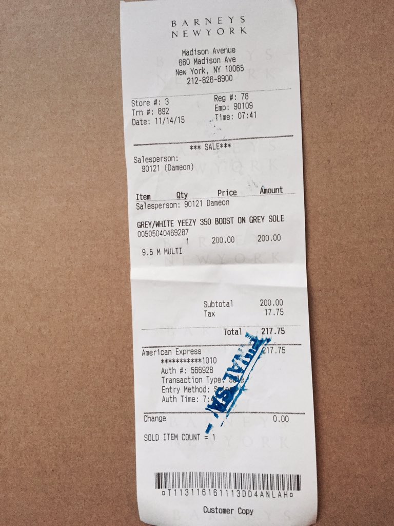barneys new york yeezy receipt
