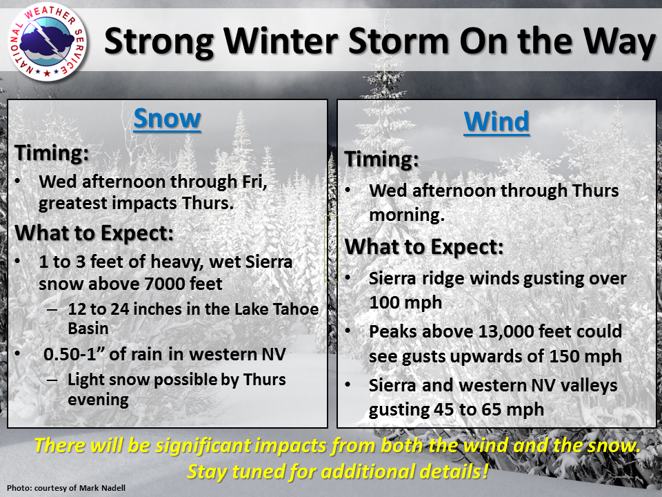 NWSReno's tweet photo. Strong winter storm coming late Wednesday into Thursday. Stay tuned for the latest details! https://t.co/QxUbpNsGEK