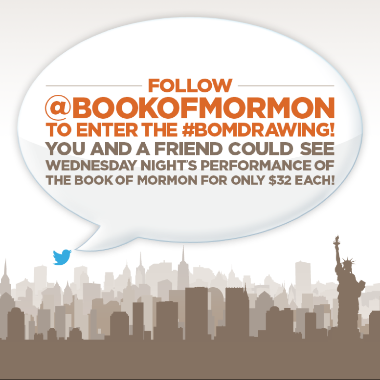 BookofMormon's tweet photo. RT &amp; follow to enter the Broadway #BOMDrawing for WED 1/13! Don't miss out on $32 tix! 18+ only https://t.co/ZTMOmIqCDS