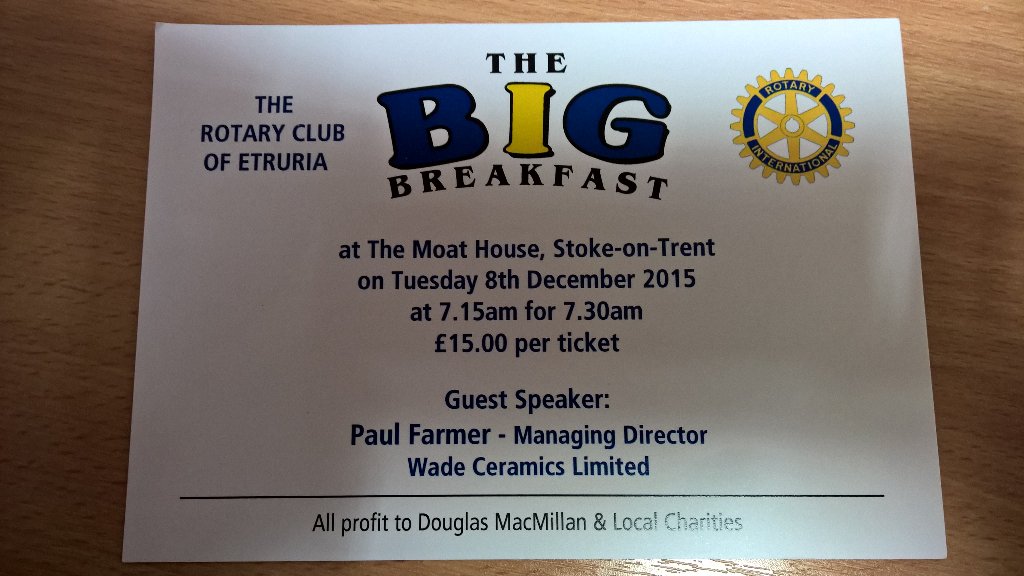 raalaw1's tweet photo. Looking forward to The Rotary Club of Etruria BIG BREAKFAST with @BeswicksLegal @WadeCeramics and Mr Paul Farmer https://t.co/1o3kPF711I