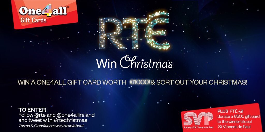 rte's tweet photo. WIN a €1000 gift card &amp; we'll give €500 to your local @SVP_Ireland! Follow @rte &amp; @one4allireland &amp; RT #rtechristmas https://t.co/qwz5mQKPE4