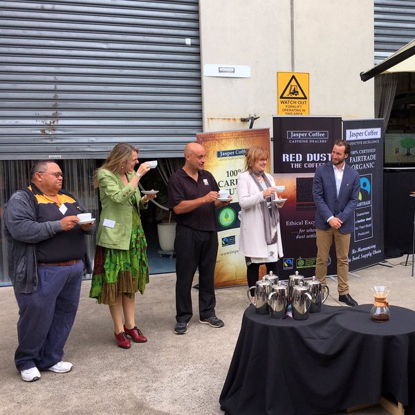 FairtradeAU's tweet photo. Great start to the day @Jasper_Coffee's launch of new #Fairtrade blend #RedDustCoffee supporting @RedDustHeelers! https://t.co/E688h8UWny