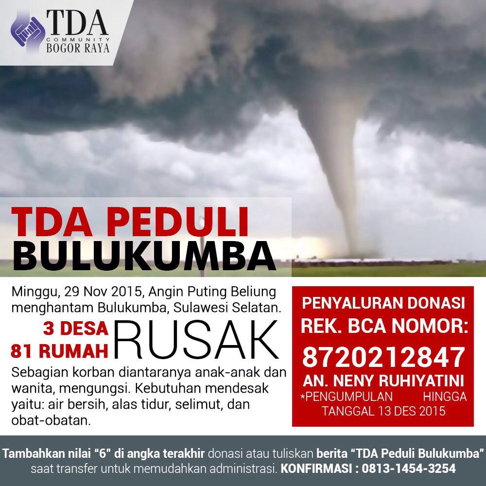 Assalammualaikum
Saat yang tepat untuk berbagi, menabung pahala
bersama dengan TDA Bogor Raya 
Peduli Bulukumba