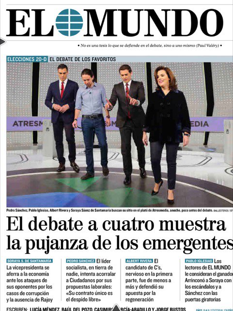 Guerraeterna's tweet photo. ¿Se puede escoger una foto en la que Soraya parezca más alta que los otros? En El Mundo, sí se puede. https://t.co/RXKuX7cbvZ