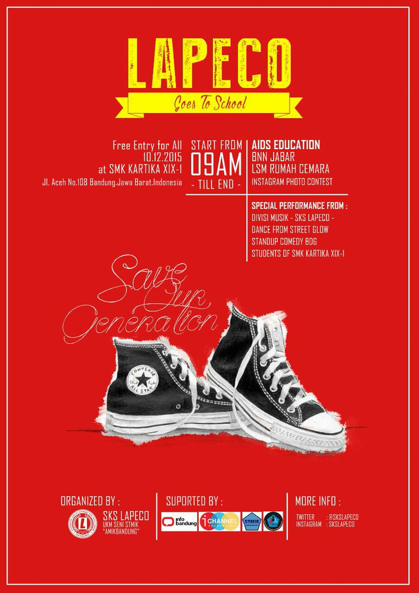 "LAPECO GOES TO SCHOOL tribute to HIV/AIDS"
Kamis, 10/12/15. @ SMK Kartika Bdg, start 9am. FREE! Cc: <a href="/infobandung/">infobandung</a>