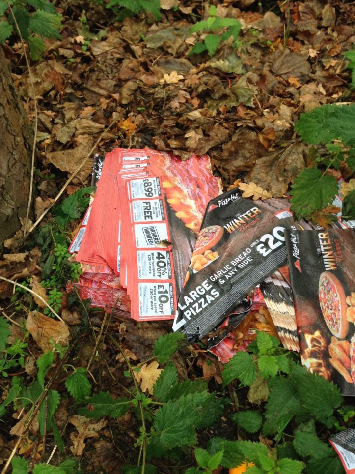 SJWaste's tweet photo. Dear @pizzahutuk this morning I #recycled a mound of leaflets a distributor had left on my estate #litter #NoCSR https://t.co/UwmoxNtDtq