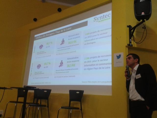 LaMeito's tweet photo. Conf @syntecnumerique #BZH. Perspectives de recrutement. 1800 et 2200 en #BZH et #PDL #numcroissance2016 https://t.co/cyyIuJJSMM
